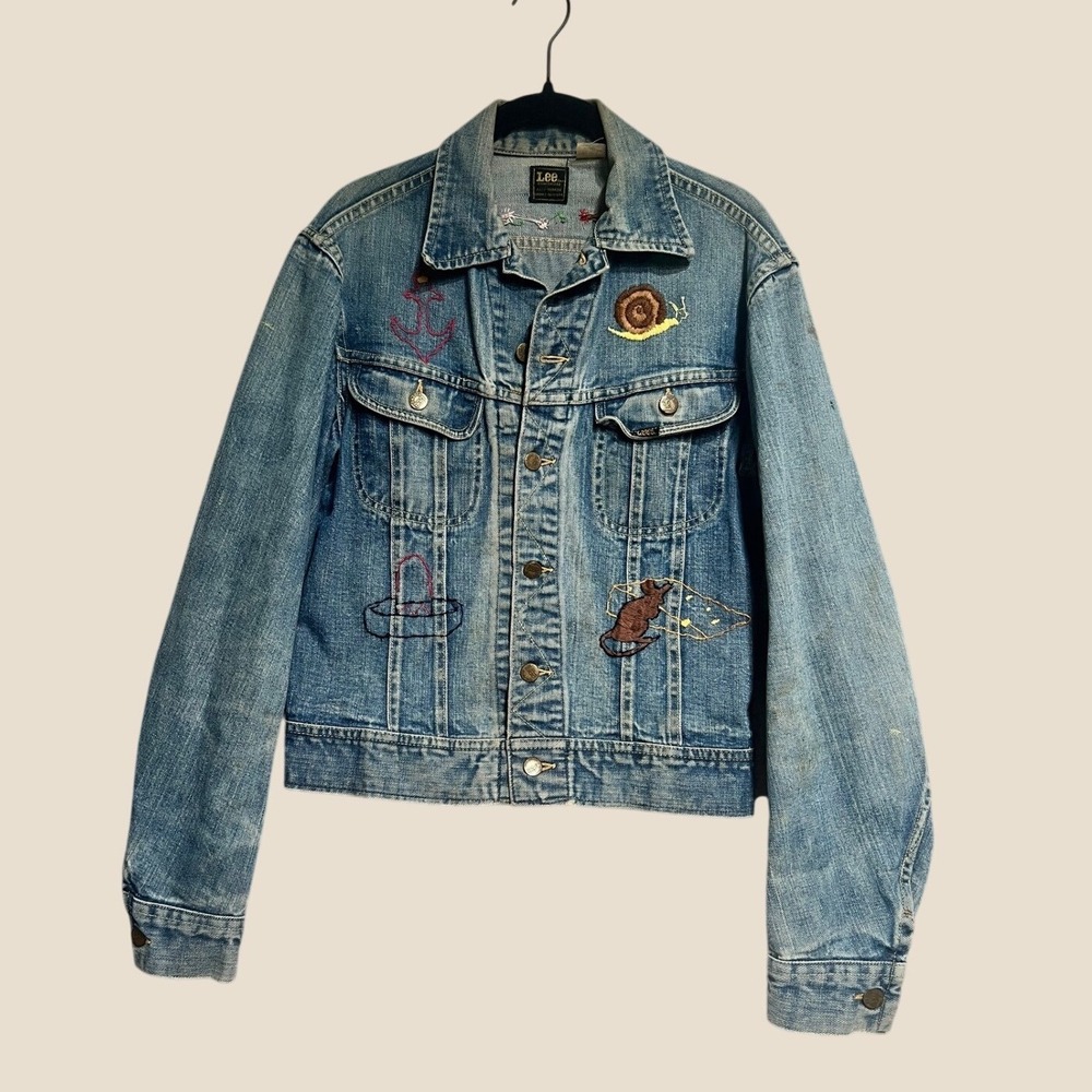 Vintage 70s Lee Denim Jacket Chain Stitch Folk Art Owl Snail Cottagecore Blue